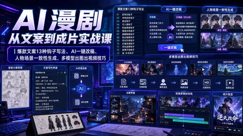AI漫剧从文案到成片实战课｜爆款文案13种钩子写法、AI一键改稿、人物场景一致性生成、多模型出图出视频技巧-北极星资源库