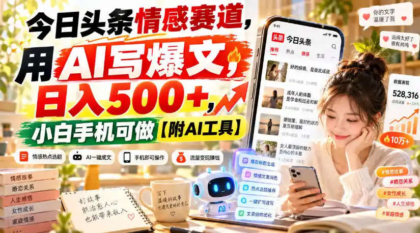今日头条情感赛道，用AI写爆文，日入500+，小白手机可做【附AI工具】-北极星资源库