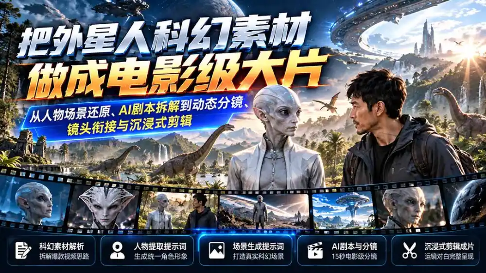 把外星人科幻素材做成电影级大片：从人物场景还原、AI剧本拆解到动态分镜、镜头衔接与沉浸式剪辑-北极星资源库