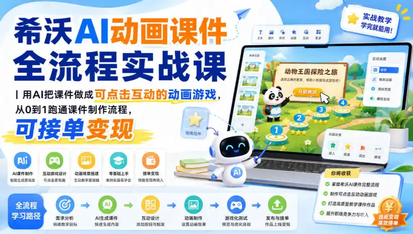 希沃AI动画课件全流程实战课｜用AI把课件做成可点击互动的动画游戏，从0到1跑通课件制作流程，可接单变现-北极星资源库