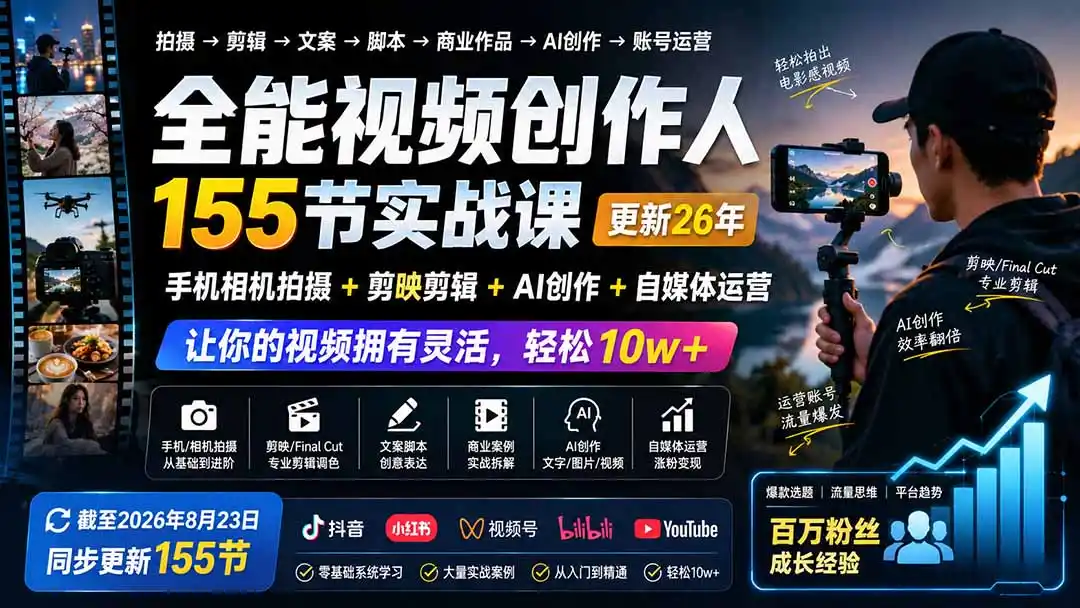 全能视频创作人155节实战课-更新26年8月：手机相机拍摄+剪映剪辑+AI创作+自媒体运营，让你的视频拥有灵活，轻松10w-北极星资源库