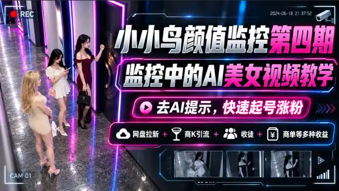 小小鸟颜值监控第四期，监控中的AI美女视频教学，去AI提示，快速起号涨粉，网盘拉新+商K引流+收徒+商单等多种收益-北极星资源库