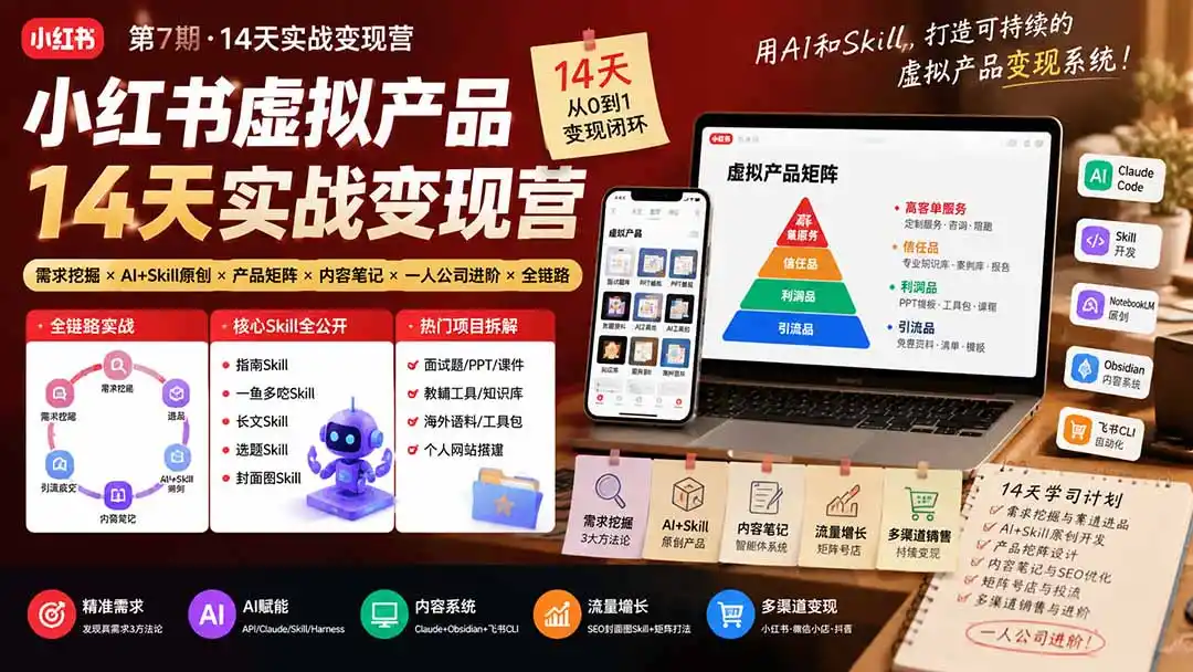 小红书虚拟产品14天实战变现营-第7期：需求挖掘×AI+Skill原创×产品矩阵×内容笔记×一人公司进阶×全链路-北极星资源库
