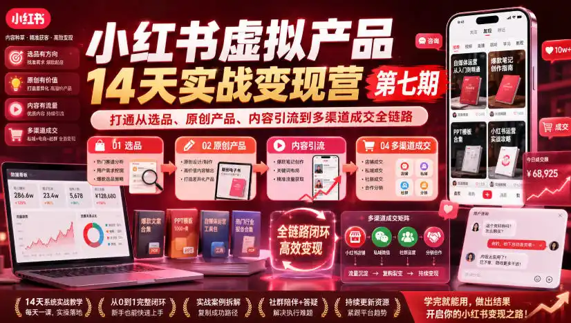 小红书虚拟产品14天实战变现营第七期，打通从选品、原创产品、内容引流到多渠道成交全链路-北极星资源库