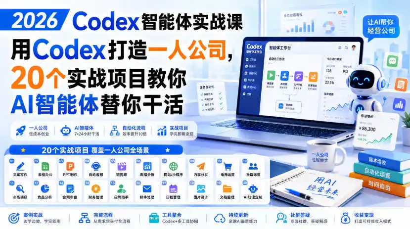 2026 Codex智能体实战课，用Codex打造一人公司，20个实战项目教你AI智能体替你干活-北极星资源库