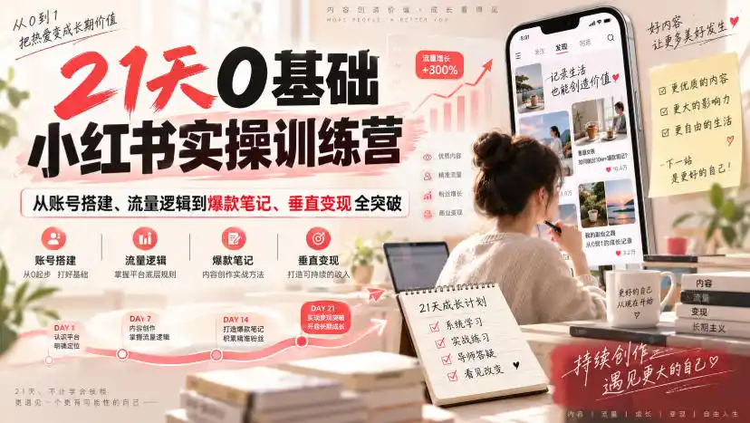 21天0基础小红书实操训练营｜从账号搭建、流量逻辑到爆款笔记、垂直变现全突破-北极星资源库