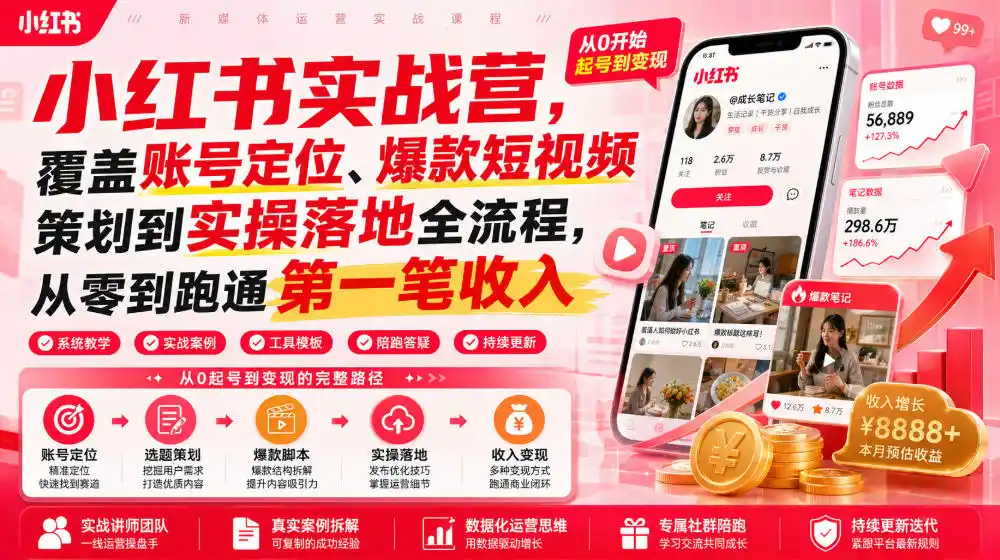 小红书实战营，覆盖账号定位、爆款短视频策划到实操落地全流程，从零到跑通第一笔收入-北极星资源库