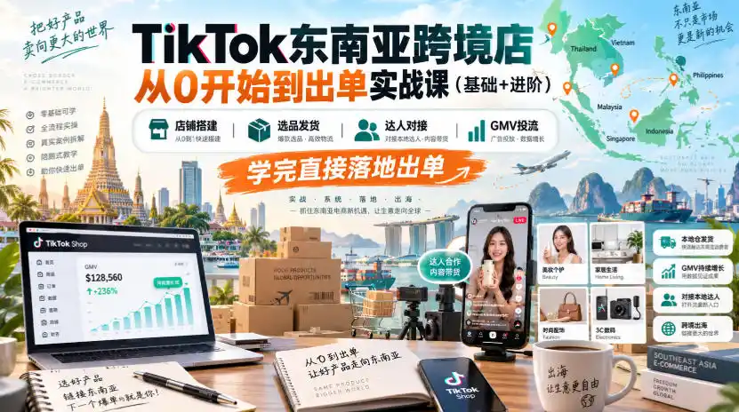 TikTok东南亚跨境店从0开始到出单实战课(基础+进阶)，店铺搭建、选品发货、达人对接、GMV投流，学完直接落地出单-北极星资源库