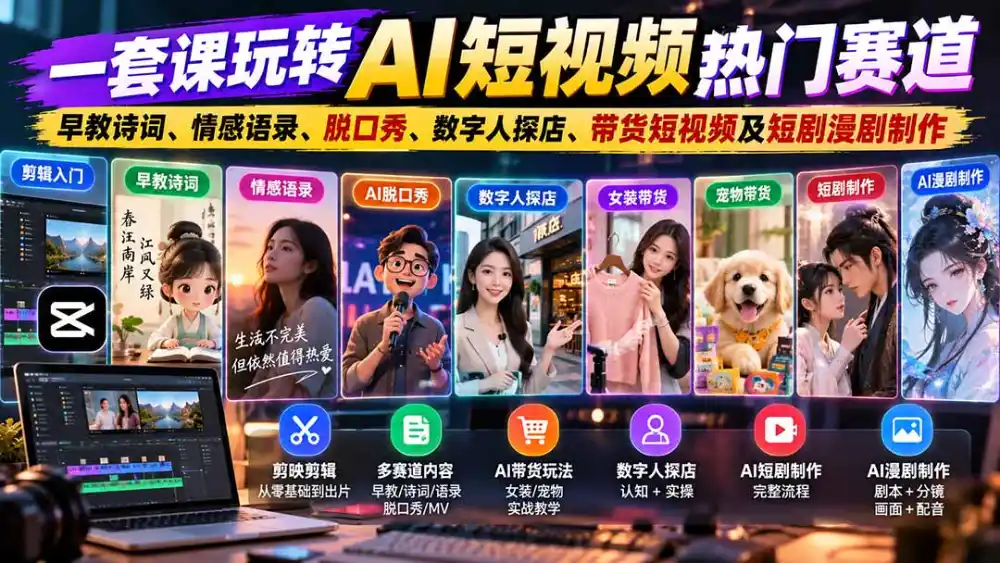一套课玩转AI短视频热门赛道：早教诗词、情感语录、脱口秀、数字人探店、带货短视频及短剧漫剧制作 复制标题-北极星资源库