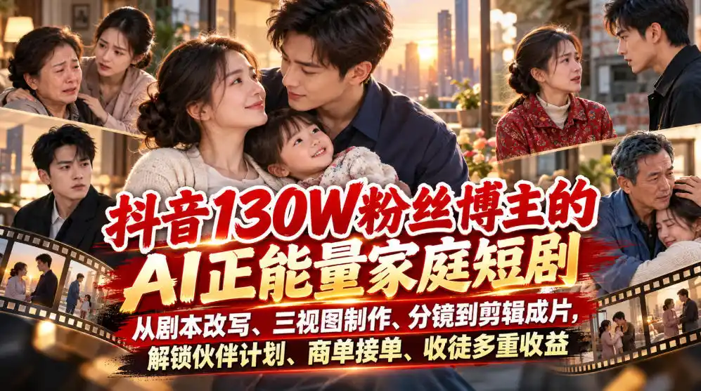 抖音130W粉丝博主的AI正能量家庭短剧，从剧本改写、三视图制作、分镜到剪辑成片，解锁伙伴计划、商单接单、收徒多重收益(更新1007)-北极星资源库