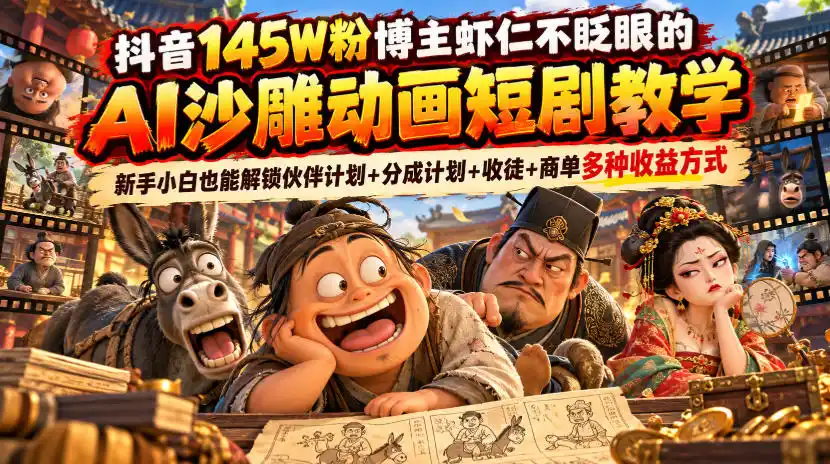 抖音145W粉博主虾仁不眨眼的AI沙雕动画短剧教学，新手小白也能解锁伙伴计划+分成计划+收徒+商单多种收益方式-北极星资源库