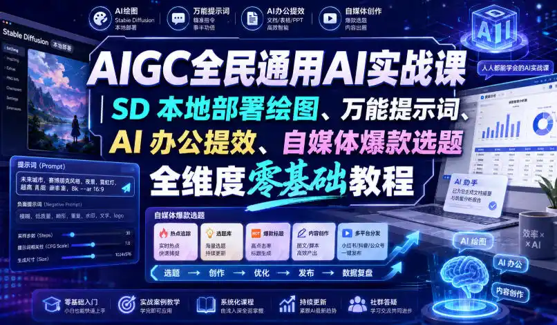 AIGC全民通用AI实战课｜SD本地部署绘图、万能提示词、AI办公提效、自媒体爆款选题全维度零基础教程-北极星资源库