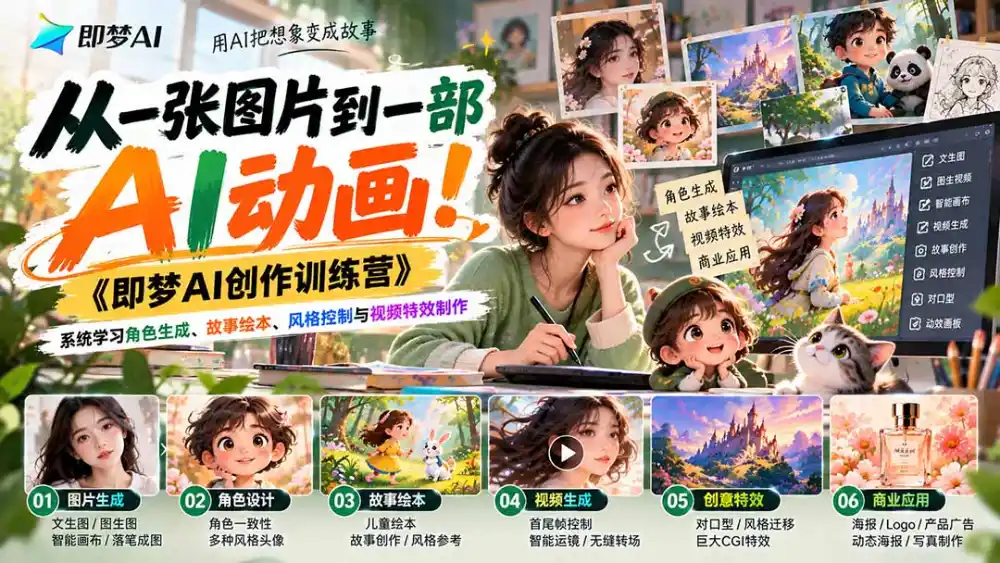 【无水印】从一张图片到一部AI动画！《即梦AI创作训练营》系统学习角色生成、故事绘本、风格控制与视频特效制作-北极星资源库