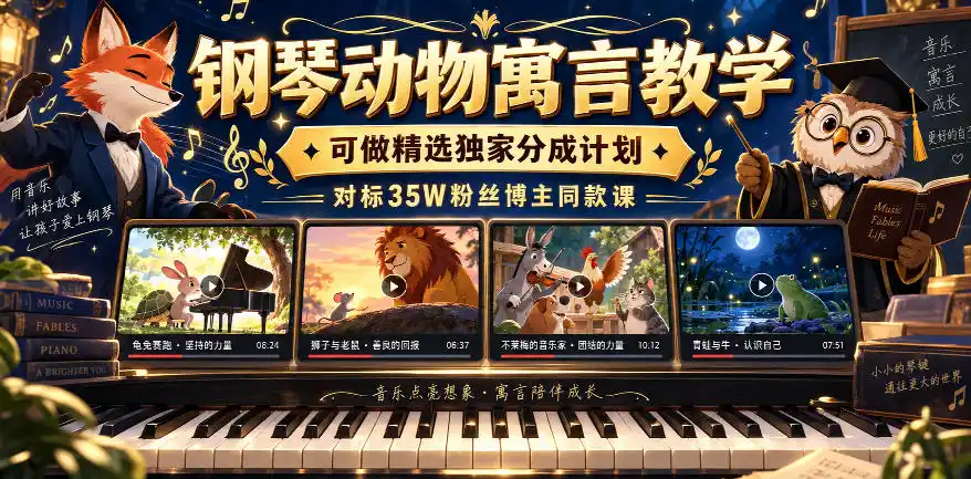 钢琴动物寓言教学，可做精选独家分成计划，对标35W粉丝博主同款课-北极星资源库