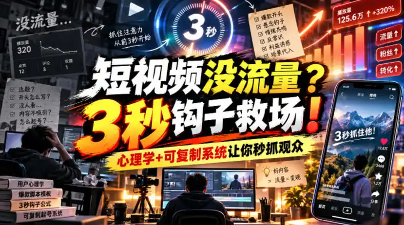 【无水印】短视频没流量？3秒钩子救场！心理学+可复制系统让你秒抓观众【原创双语字幕】-北极星资源库