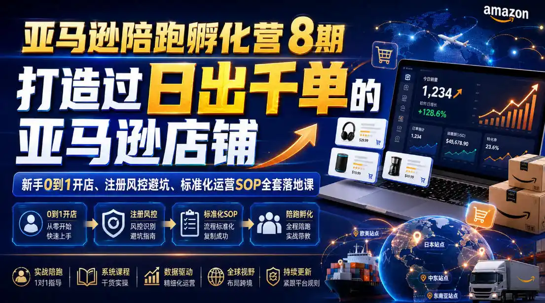 亚马逊陪跑孵化营8期，打造过日出千单的亚马逊店铺，新手0到1开店、注册风控避坑、标准化运营SOP全套落地课-北极星资源库