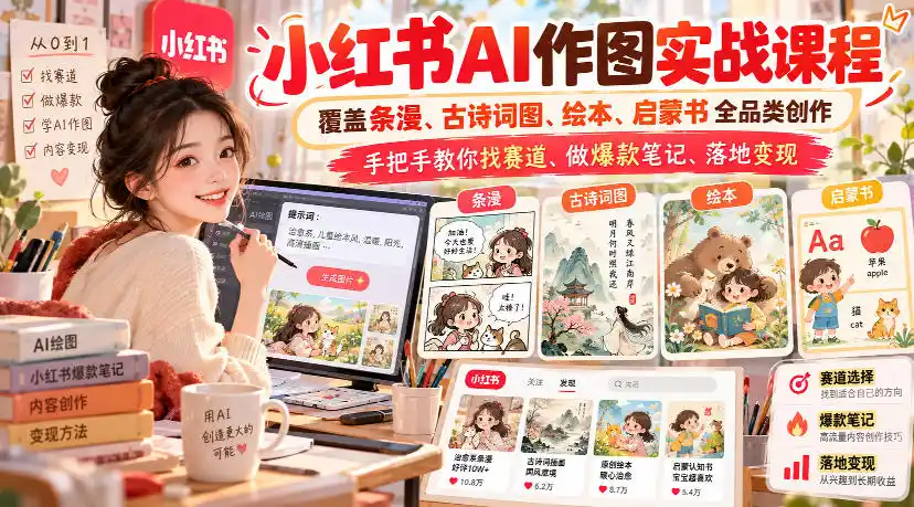 小红书AI作图实战课程，覆盖条漫、古诗词图、绘本、启蒙书全品类创作，手把手教你找赛道、做爆款笔记、落地变现(更新1009)-北极星资源库