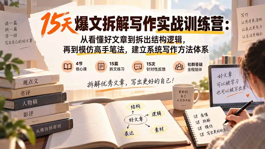 15天爆文拆解写作实战训练营：从看懂好文章到拆出结构逻辑，再到模仿高手笔法，建立系统写作方法体系-北极星资源库