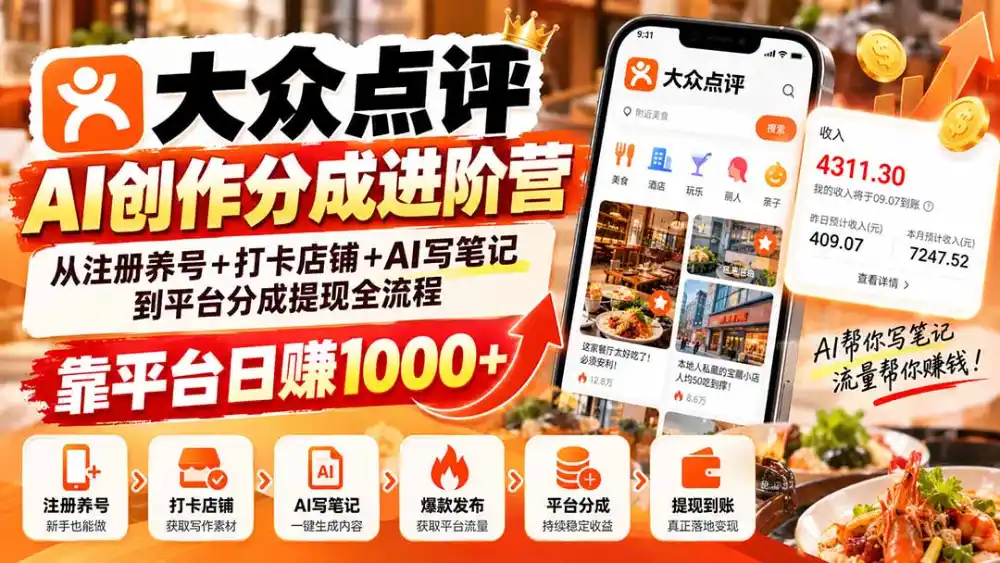 大众点评AI创作分成进阶营：从注册养号+打卡店铺+AI写笔记到平台分成提现全流程，靠平台日赚1000+-北极星资源库