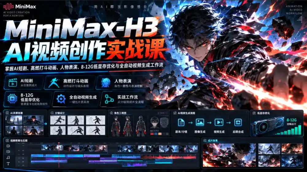 MiniMax-H3 AI视频创作实战课，掌握AI短剧、高燃打斗动画、人物表演、8-12G低显存优化与全自动视频生成工作流-北极星资源库