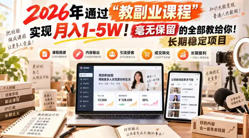 2026年通过“教副业课程”实现月入1-5W!毫无保留的全部教给你!长期稳定项目-北极星资源库