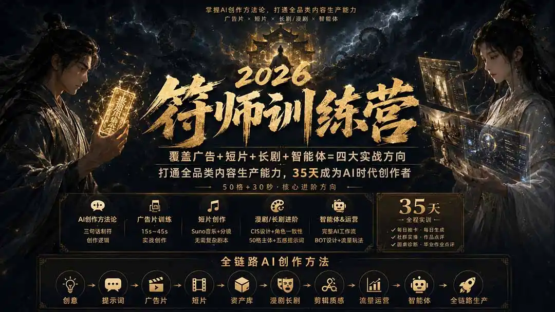 符师训练营-35天成为AI时代创作者，广告+短片+漫剧+智能体四大实战方向，掌握从创意到上线的完整工作流-北极星资源库