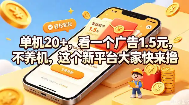 单机20+，看一个广告1.5米，不养机，这个新平台大家快来撸【揭秘】-北极星资源库