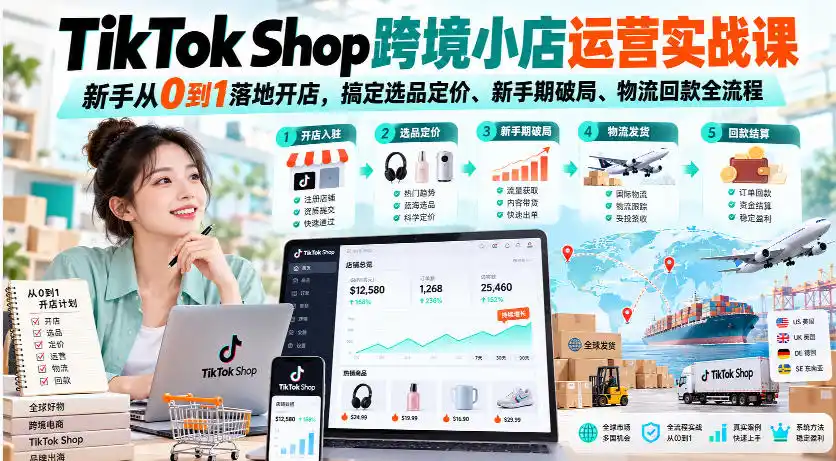 TikTok Shop跨境小店运营实战课，新手从0到1落地开店，搞定选品定价、新手期破局、物流回款全流程-北极星资源库
