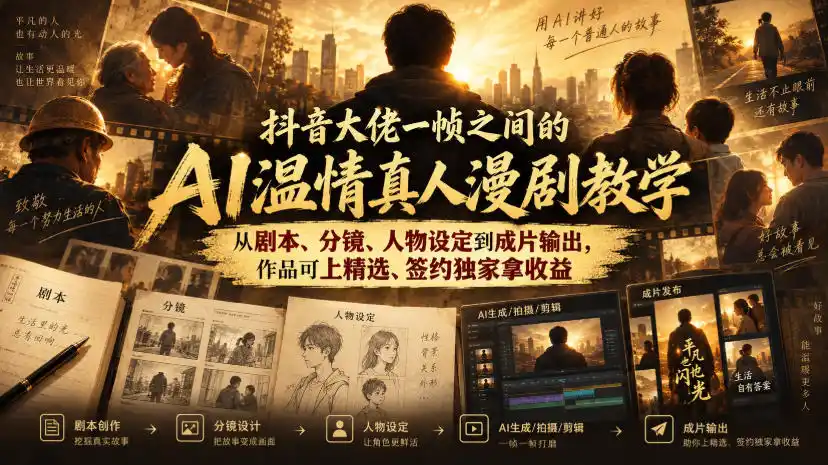 抖音大佬一帧之间的AI温情真人漫剧教学，从剧本、分镜、人物设定到成片输出，作品可上精选、签约独家拿收益-北极星资源库
