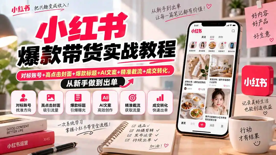 小红书爆款带货实战教程｜对标账号+高点击封面+爆款标题+AI文案+精准截流+成交转化，从新手做到出单-北极星资源库