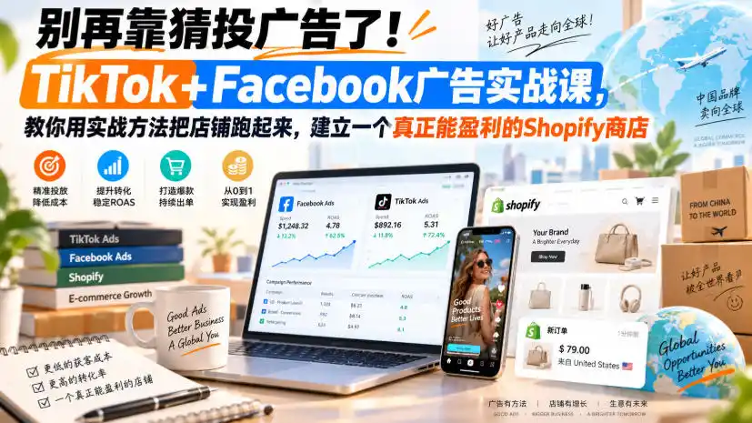 别再靠猜投广告了！TikTok+Facebook广告实战课，教你用实战方法把店铺跑起来，建立一个真正能盈利的Shopify商店【原创双语字幕】-北极星资源库