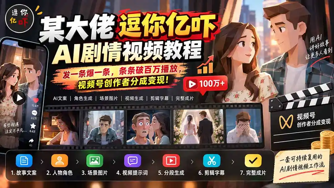 某大佬逗你亿吓AI低模剧情视频制作教程：发一条爆一条，条条破百万播放，利用视频号创作者分成变现!-北极星资源库