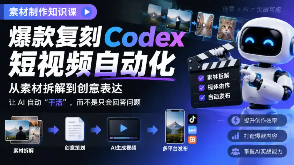 素材制作知识课,爆款复刻Codex短视频自动化,从素材拆解到创意表达,让AI自动“干活”,而不是只会回答问题-北极星资源库