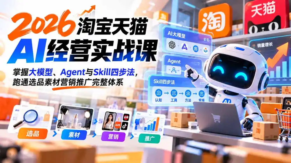 【无水印】2026淘宝天猫AI经营实战课：掌握大模型、Agent与Skill四步法，跑通选品素材营销推广完整体系-北极星资源库