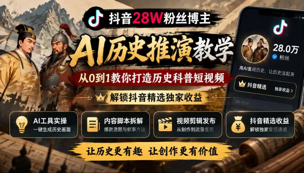 抖音28W粉丝博主的AI历史推演教学，从0到1教你打造历史科普短视频，解锁抖音精选独家收益-北极星资源库