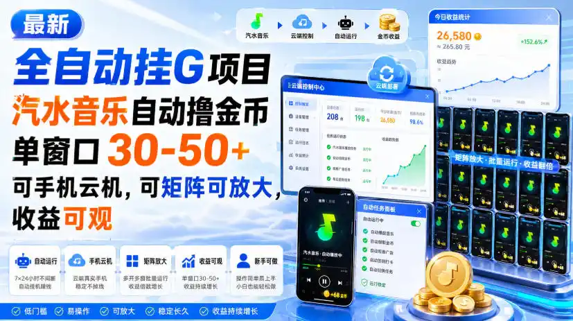 最新全自动挂G项目，汽水音乐自动撸金币单窗口30-50+，可手机云机，可矩阵可放大，收益可观-北极星资源库