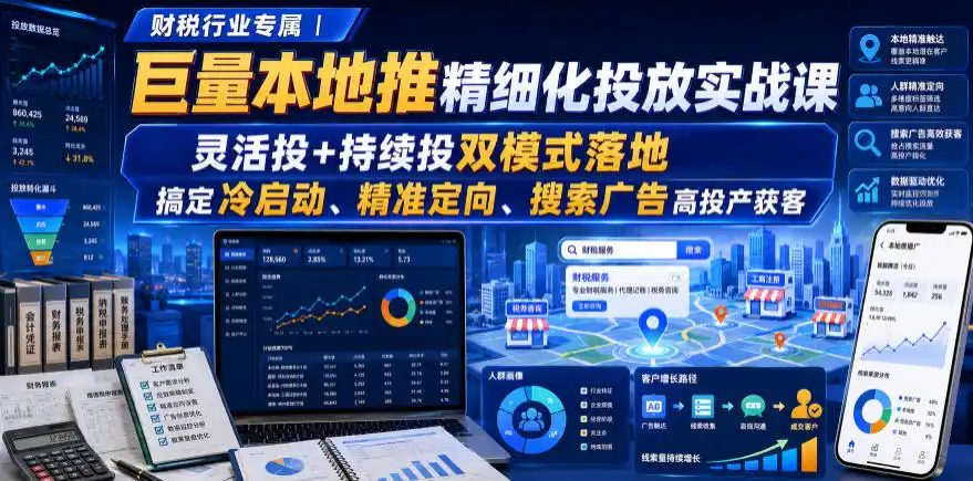 财税行业专属｜巨量本地推精细化投放实战课，灵活投+持续投双模式落地，搞定冷启动、精准定向、搜索广告高投产获客-北极星资源库
