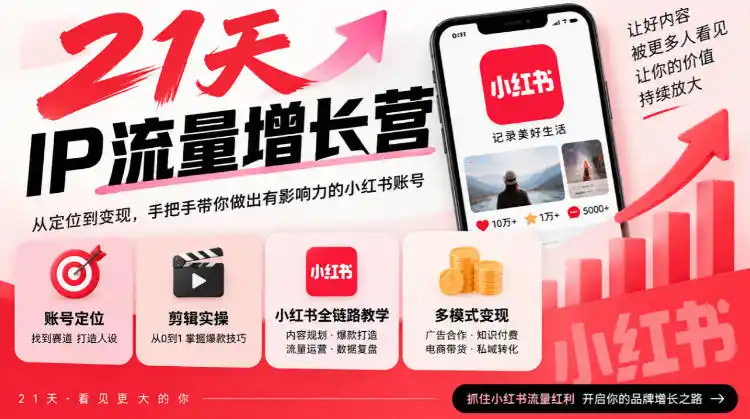 21天IP流量增长营，小红书全链路教学，账号定位剪辑实操，多模式变现系统课-北极星资源库