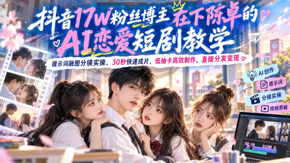 抖音17W粉丝博主在下陈卓的AI恋爱短剧教学，提示词融图分镜实操，30秒快速成片，低抽卡高效制作，直接分发变现-北极星资源库