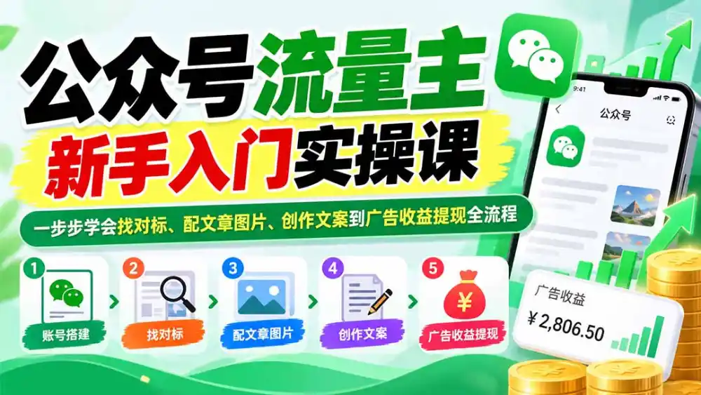 公众号流量主新手入门实操课：一步步学会找对标、配文章图片、创作文案到广告收益提现全流程-北极星资源库