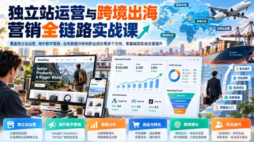 独立站运营与跨境出海营销全链路实战课，覆盖独立站运营、海外数字营销、业务数据分析和职业成长等多个方向，零基础到实战全面提升-北极星资源库
