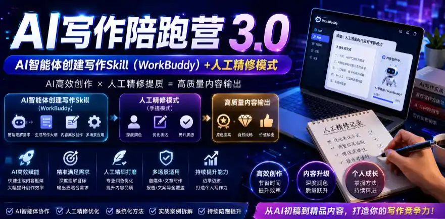 AI写作陪跑营3.0，Ai智能体创建写作skill(workbuddy)+人工手写模式(手搓模式)，去除AI痕迹(头条号、公众号、百家号)(更新0814)-北极星资源库