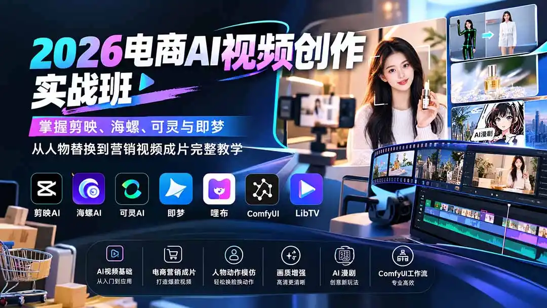 2026电商AI视频创作实战班：掌握剪映、海螺、可灵与即梦，从人物替换到营销视频成片完整教学-北极星资源库