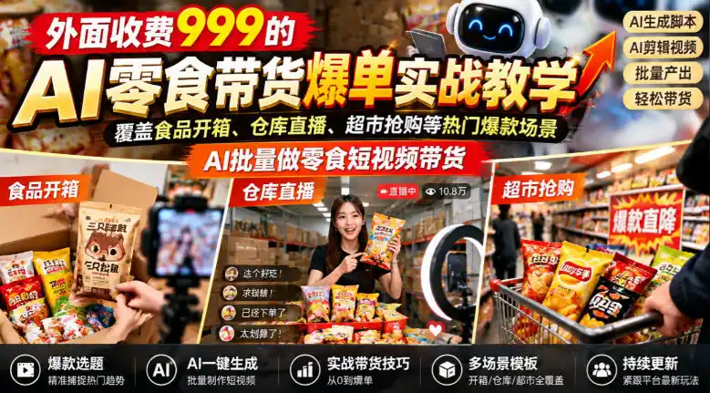 外面收费999的AI零食带货爆单实战教学，覆盖食品开箱、仓库直播、超市抢购等热门爆款场景，AI批量做零食短视频带货-北极星资源库