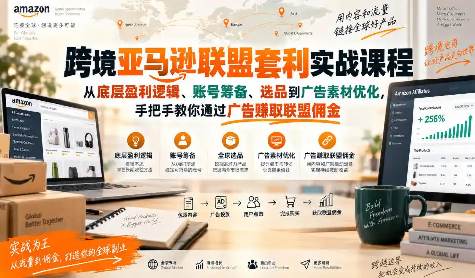 跨境亚马逊联盟套利实战课程,从底层盈利逻辑、账号筹备、选品到广告素材优化,手把手教你通过广告賺取联盟佣金-北极星资源库