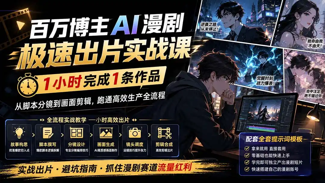 百万博主AI漫剧极速出片实战课：1小时产出条作品，从脚本分镜到画面剪辑，跑通高效生产全流程-北极星资源库