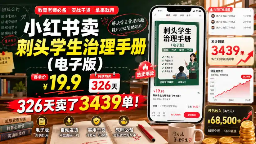 小红书卖刺头学生治理手册(电子版)，客单价19.9，326天卖了3439单！-北极星资源库