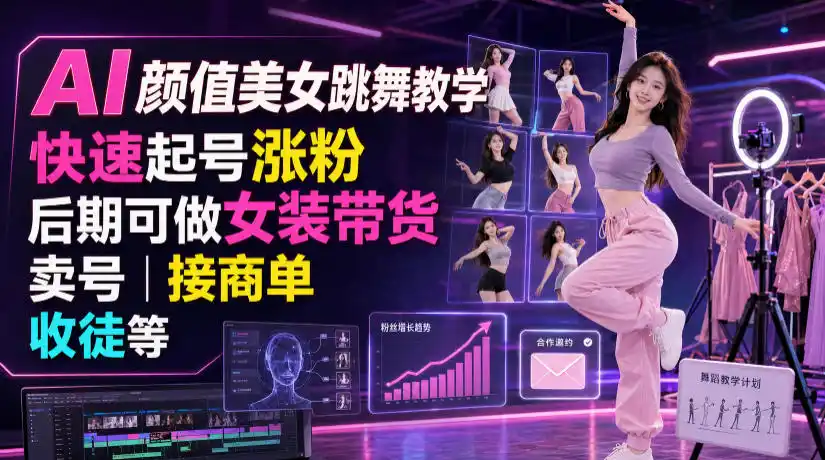 AI颜值美女跳舞教学，快速起号涨粉，后期可做女装带货，卖号，接商单，收徒等-北极星资源库