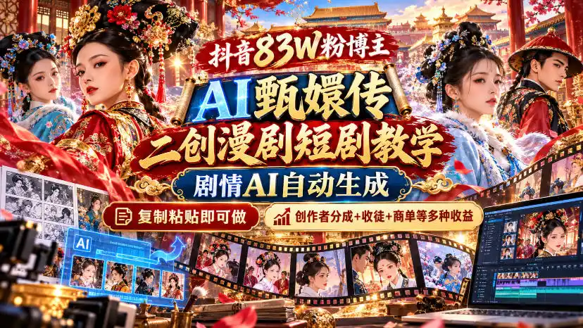 抖音83W粉博主AI甄嬛传二创漫剧短剧教学｜剧情AI自动生成，复制粘贴即可做，各大平台创作者分成+收徒等多种收益-北极星资源库