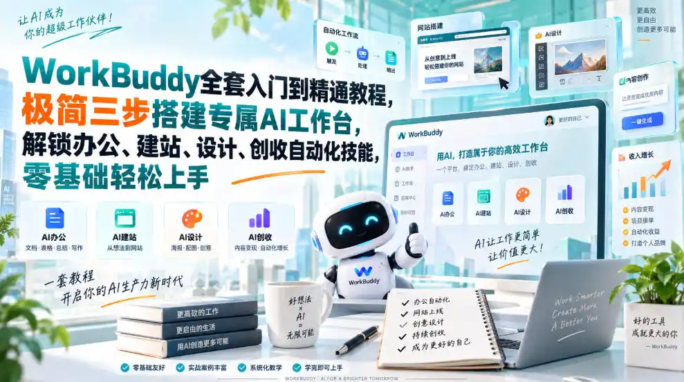 WorkBuddy全套入门到精通教程，极简三步搭建专属AI工作台，解锁办公、建站、设计、创收自动化技能，零基础轻松上手-北极星资源库